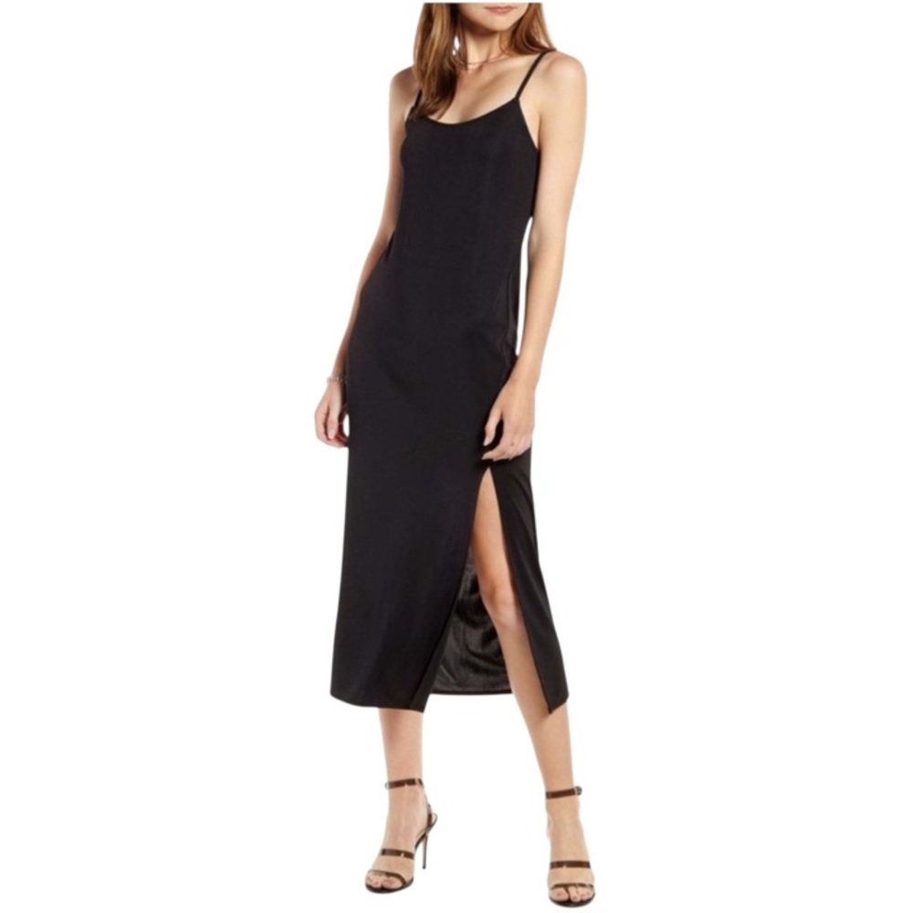 Something Navy Easy Knit Black Slinky LBD Tank Midi Slip Dress Size XS